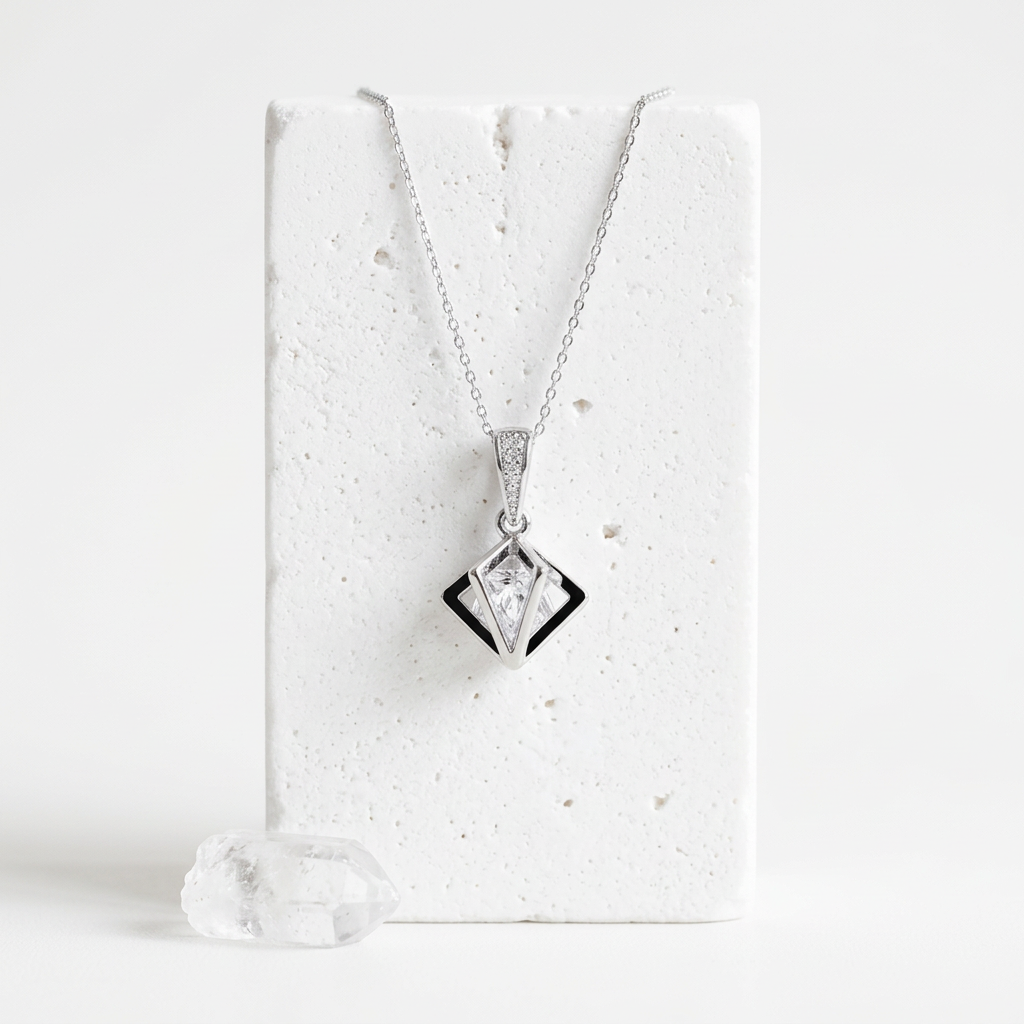Silver Floating Prism necklace with clear faceted glass bead, hanging view