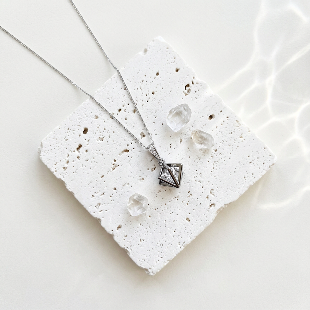 Silver Floating Prism pendant necklace with a clear faceted glass bead floating inside an open 3D geometric frame