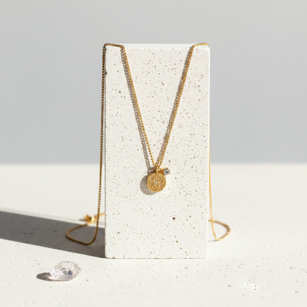 Floral Medallion Necklace | Mini CZ Charm | Gold Stainless Steel Layering Necklace