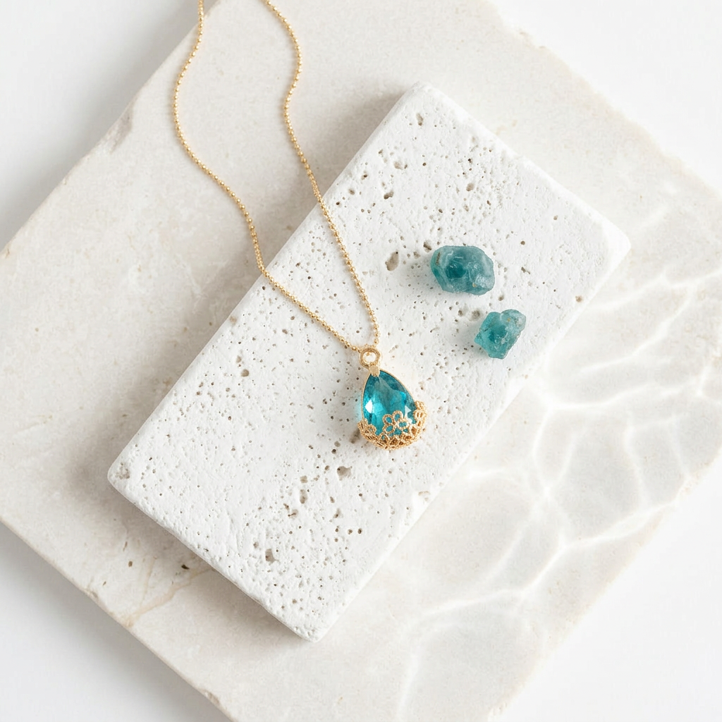 Large gold Flower-Cap necklace with aqua blue glass drop