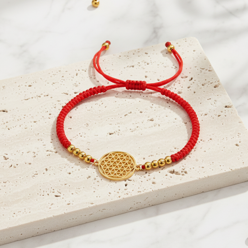 Red cord flower of life bracelet with a gold charm — sacred geometry jewelry for protection