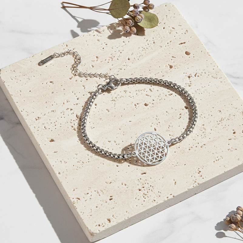 Silver stainless steel flower of life bracelet — waterproof sacred geometry jewelry for balance
