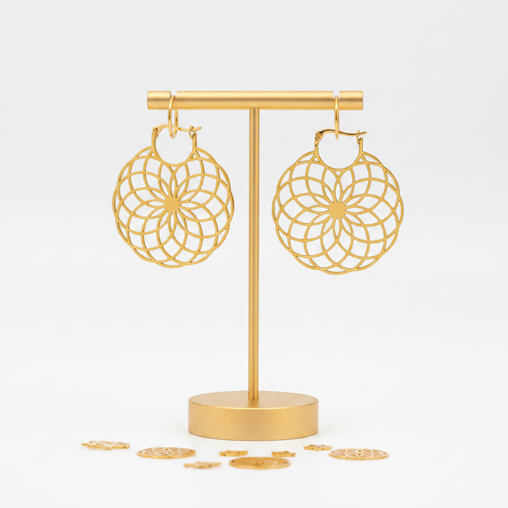 Gold flower of life saddle hoop earrings hanging — sacred geometry jewelry for balance