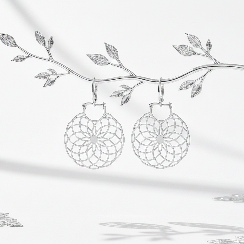 Silver flower of life saddle hoop earrings on a branch — sacred geometry jewelry for balance