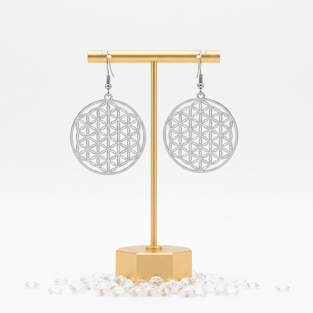 Silver flower of life drop earrings on shepherd's hook earwires — sacred geometry jewelry