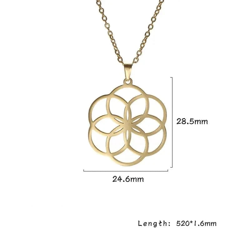 Gold necklace with a circular pendant and measurements on a white background