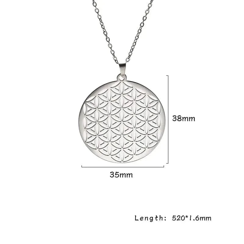 Silver necklace with a round pendant on a white background, showing measurements.