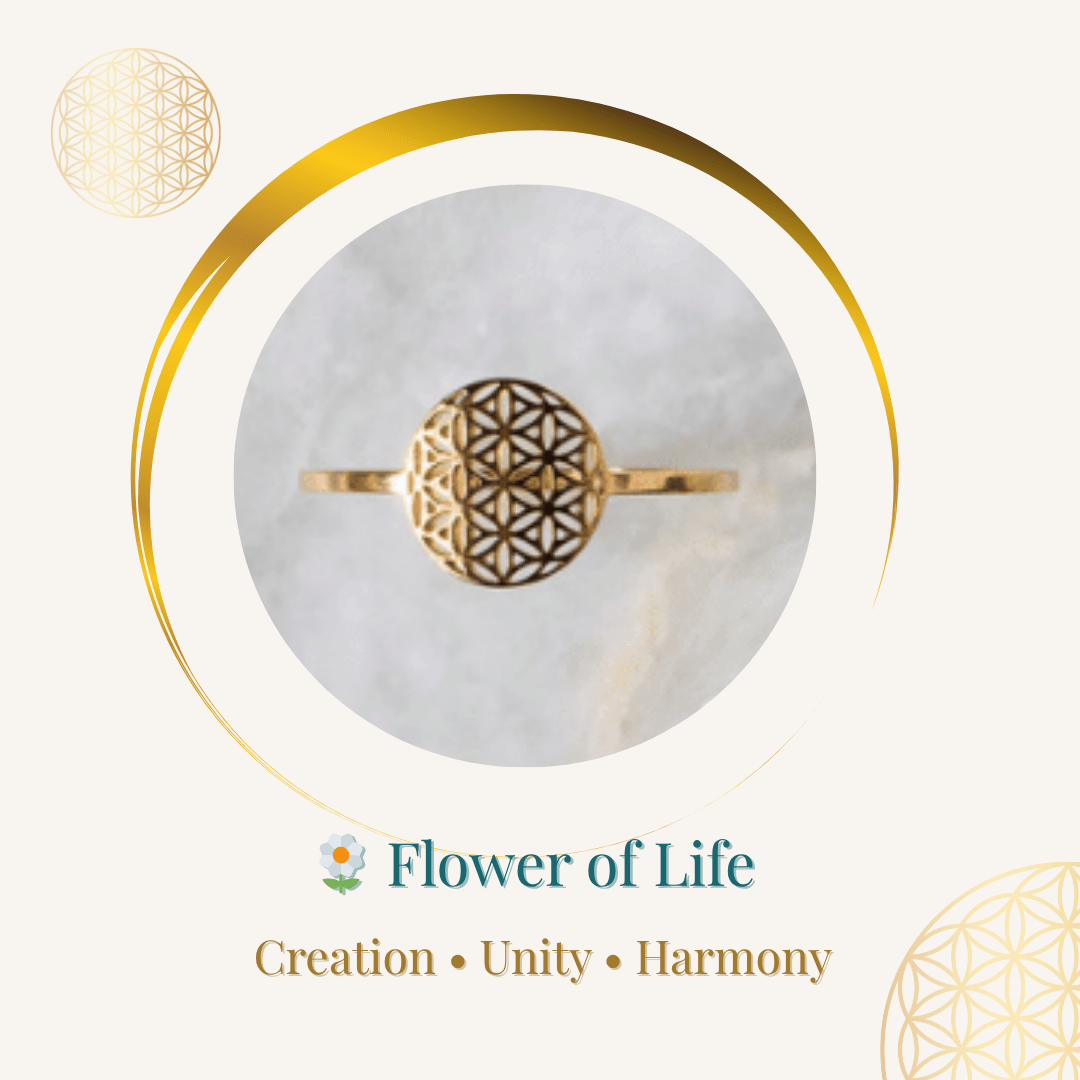 Gold ring with Flower of Life design on a marble surface, surrounded by geometric patterns.