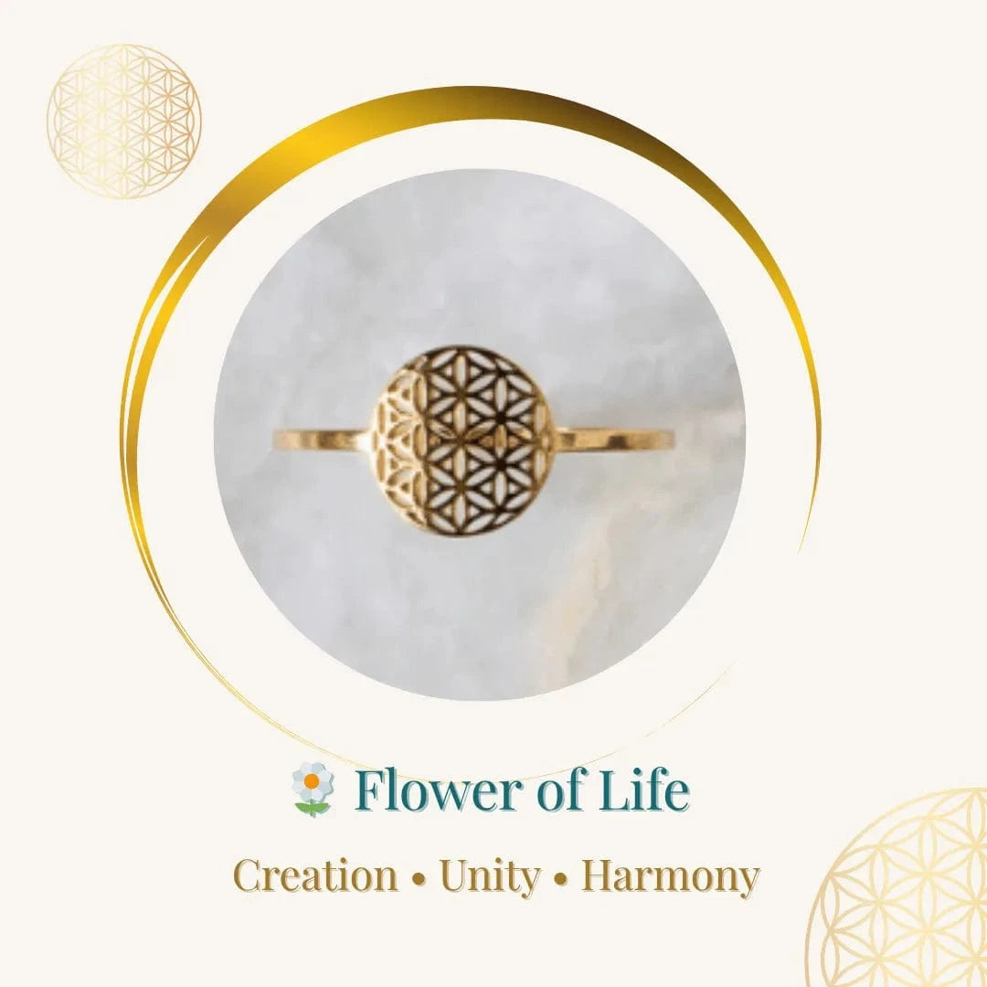 Gold ring with Flower of Life design on a marble surface, surrounded by geometric patterns.