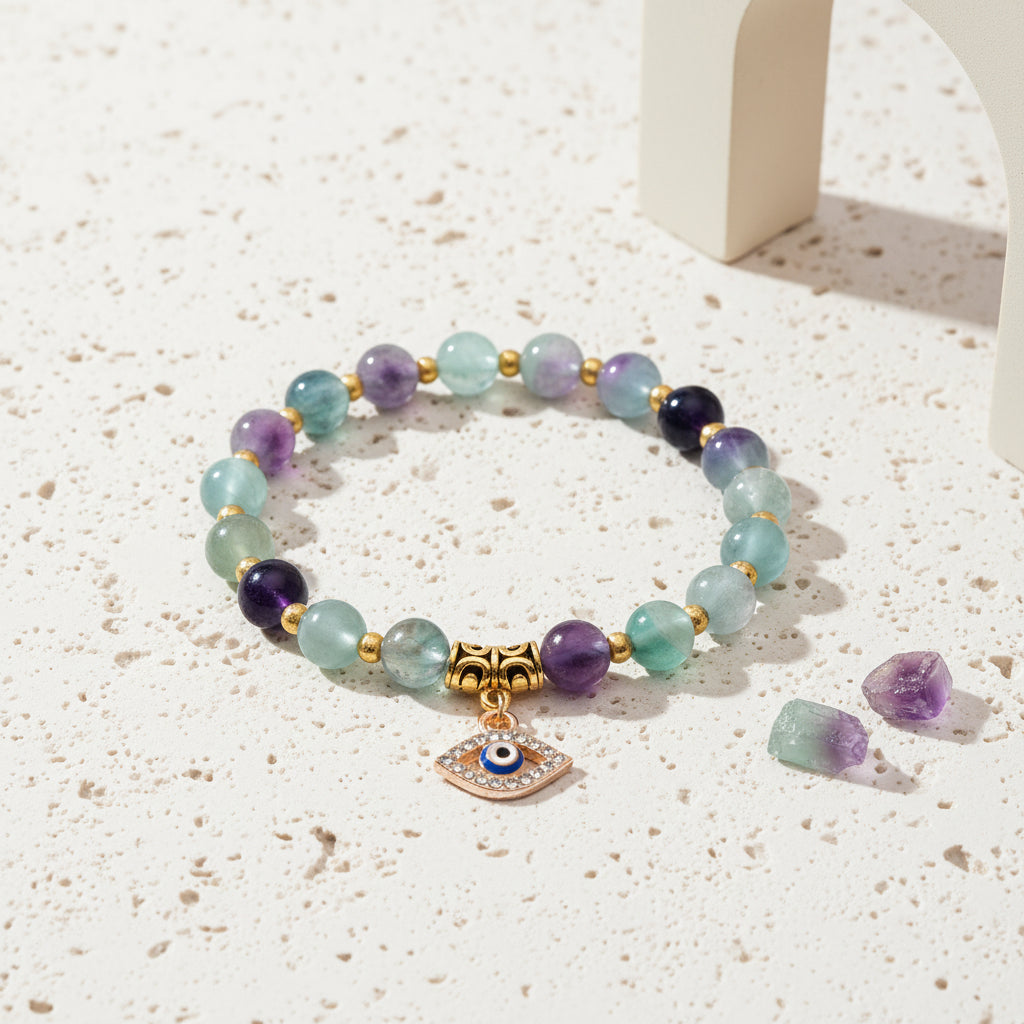 Fluorite evil eye stretch bracelet on natural stone beads — symbol jewellery for focus and protection
