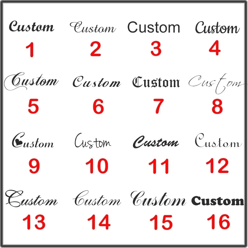 Font chart showing 16 numbered font styles for the custom name necklace