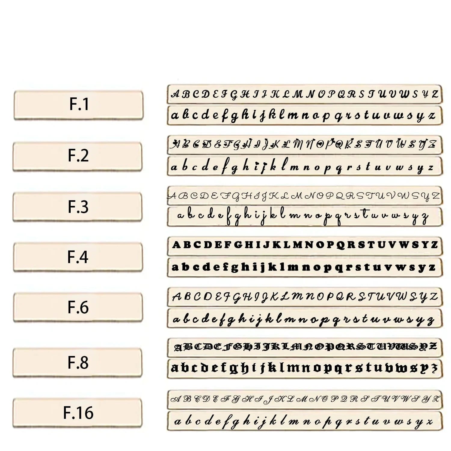 Collection of different font styles on a beige background with font table