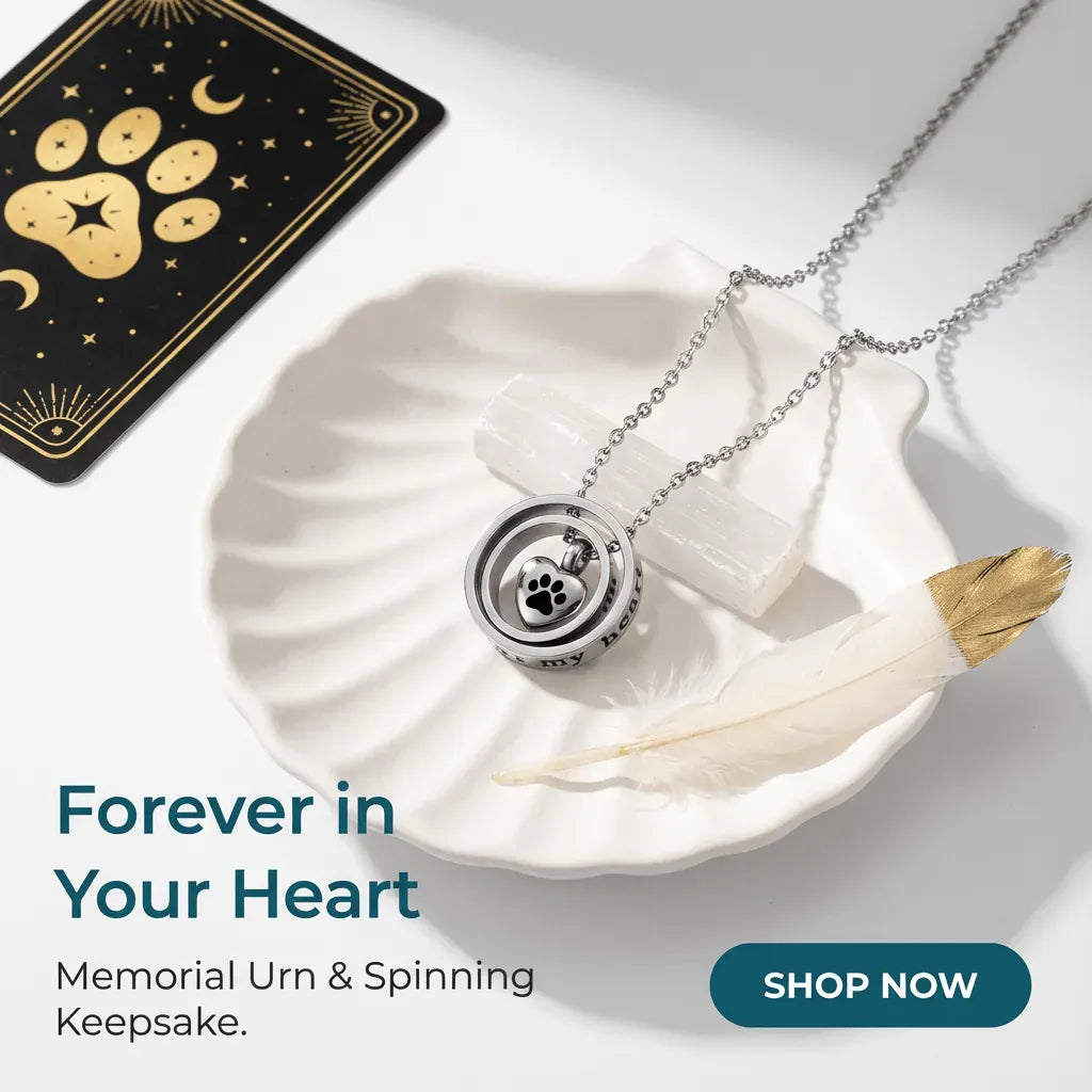 Memorial urn with paw print design on a shell with a feather, tarot card in the background.