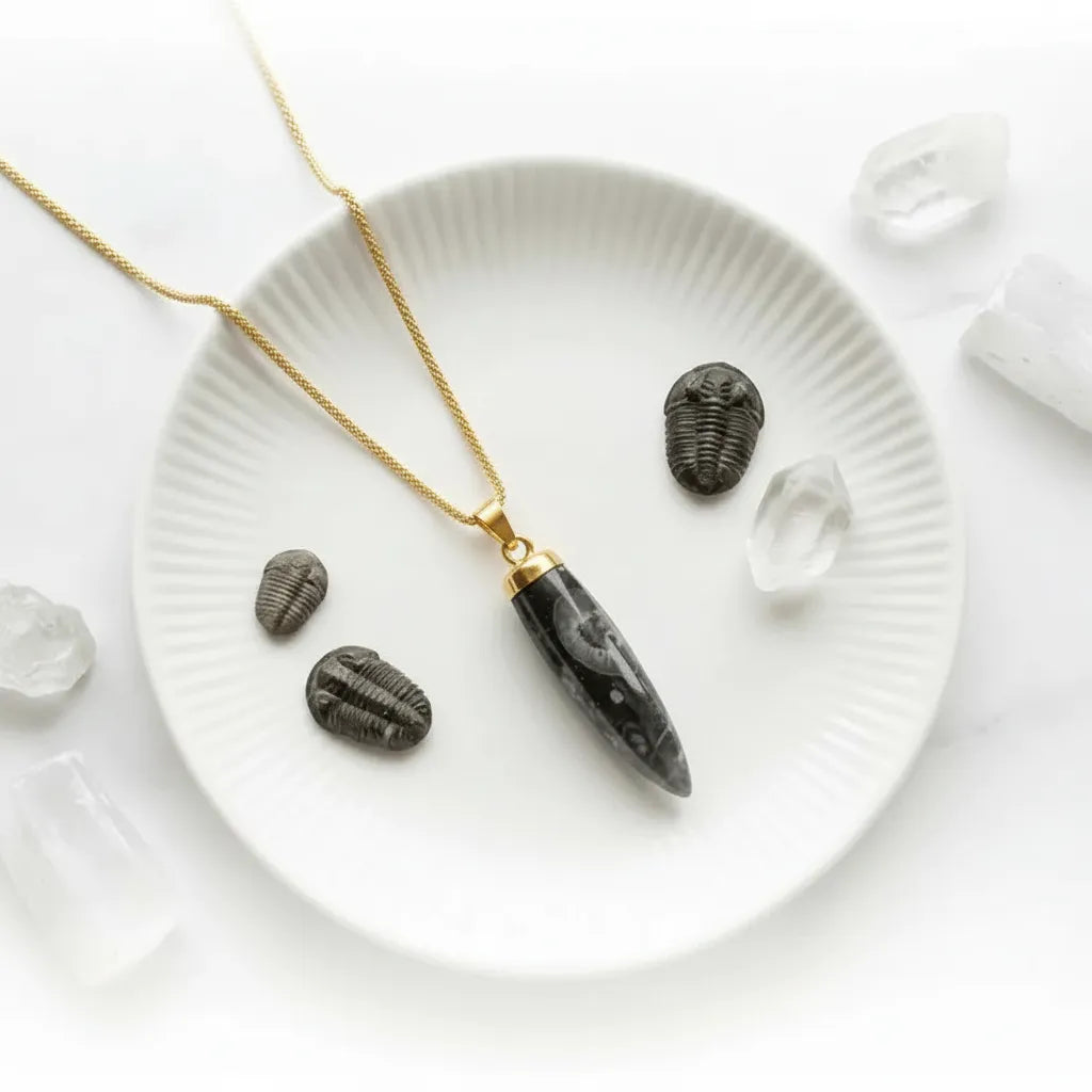Gold orthoceras fossil pendant necklace with fossils — earth element necklace for grounding