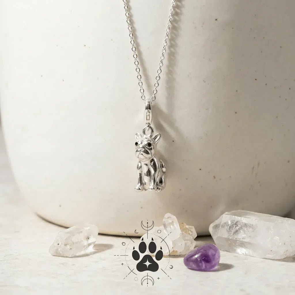 Silver dog-shaped pendant necklace on a chain with crystals and a white bowl in the background.