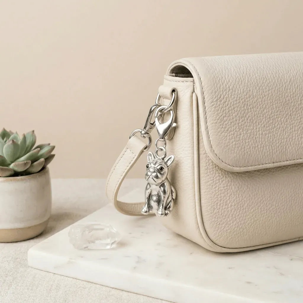 Beige handbag with a dog-shaped keychain on a light surface with a beige background
