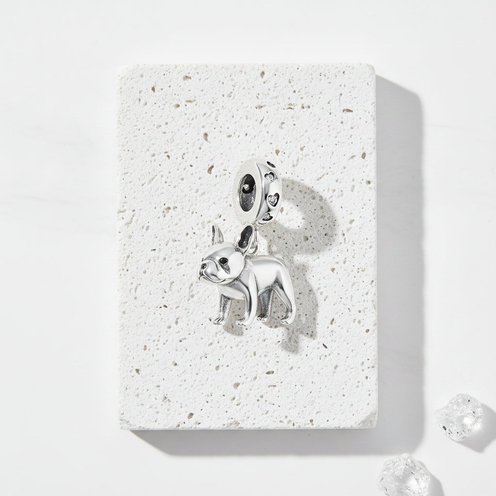 French bulldog charm pendant in sterling silver with zircon — spirit animal jewellery for loyalty