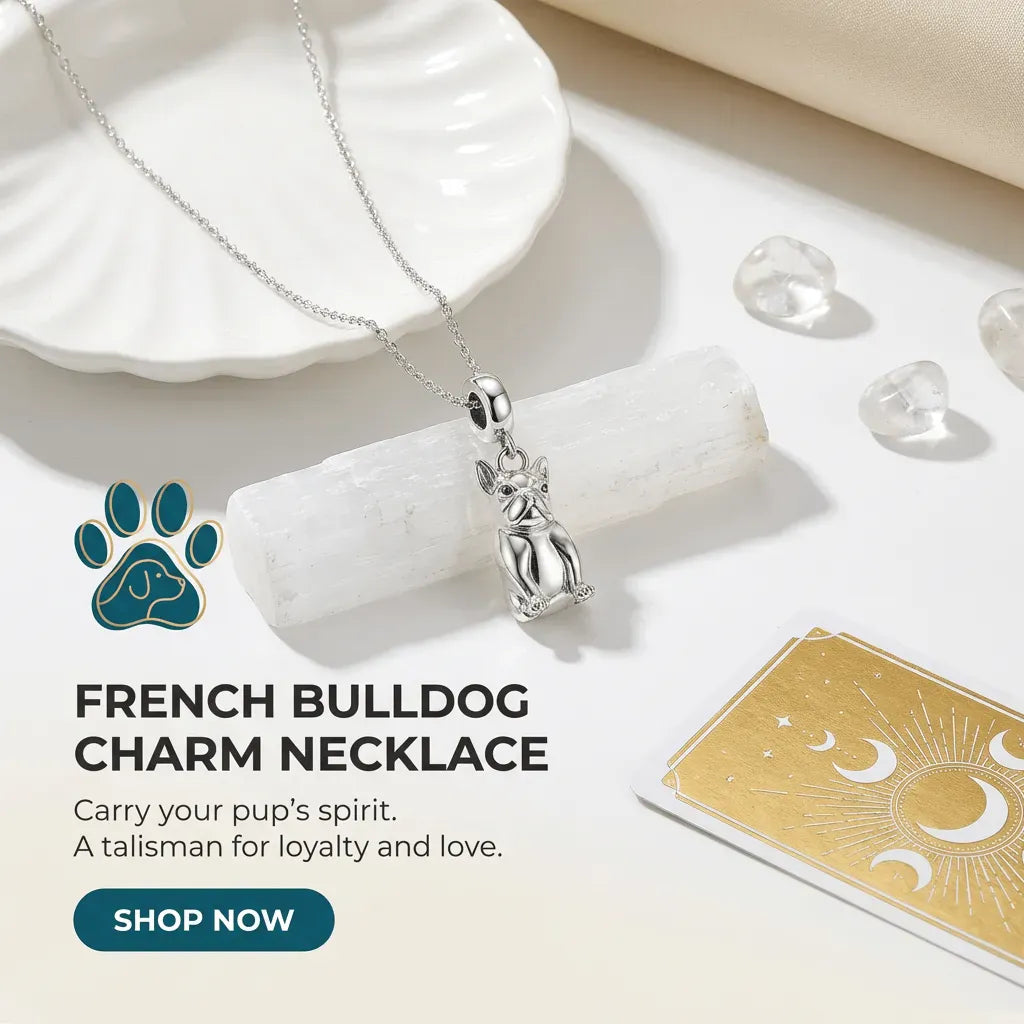 Silver French Bulldog charm necklace on a white surface with a paw print logo and text.