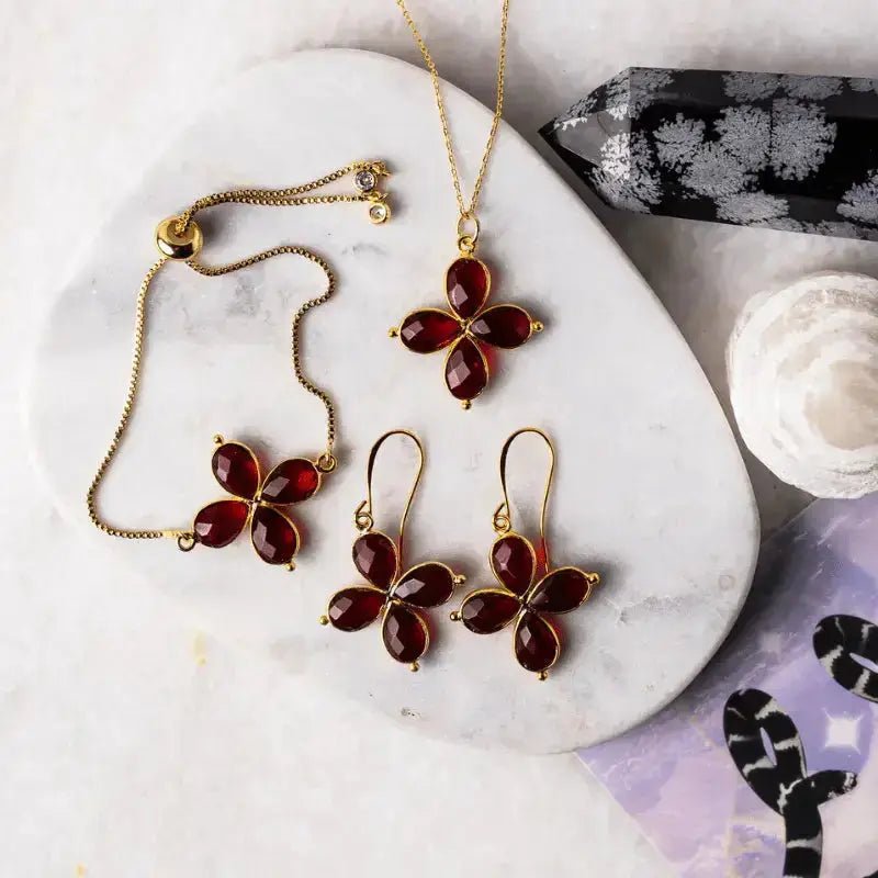 Garnet 4 - Petal Flower Necklace – Gold - Plated January Birthstone Jewelry - Mystic Soul Jewelry