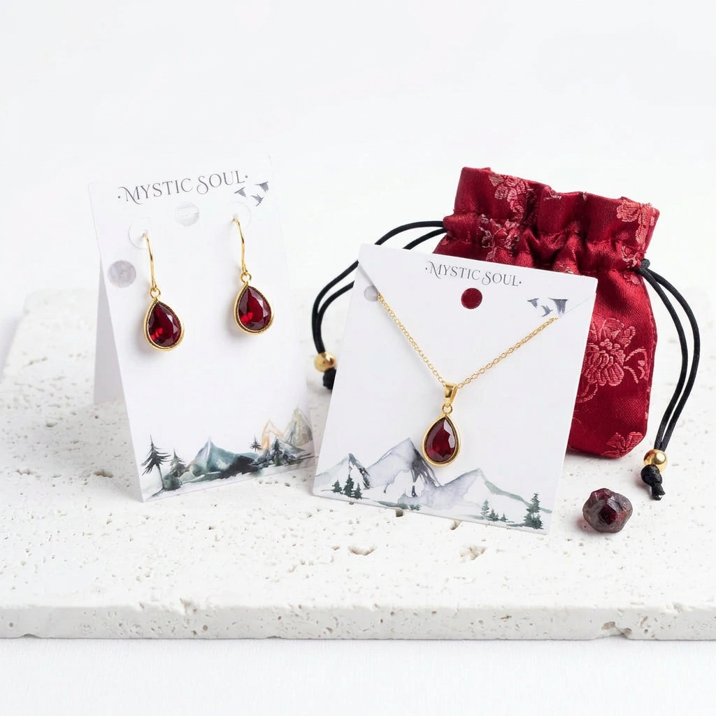 Gold garnet red faceted glass teardrop necklace and earrings with Mystic Soul gift tag and satin pouch