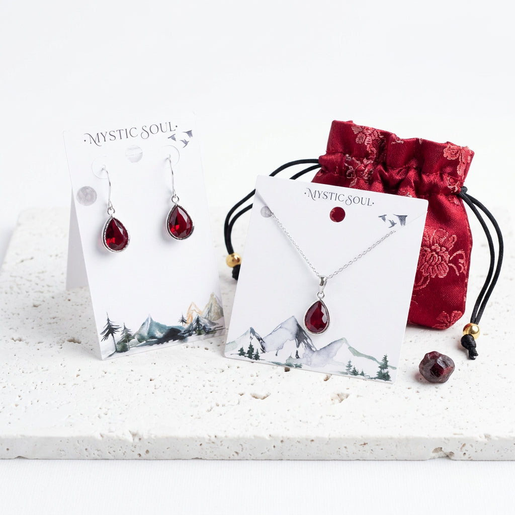 Silver garnet red faceted glass teardrop necklace and earrings with Mystic Soul gift tag and pouch, January birthstone colour