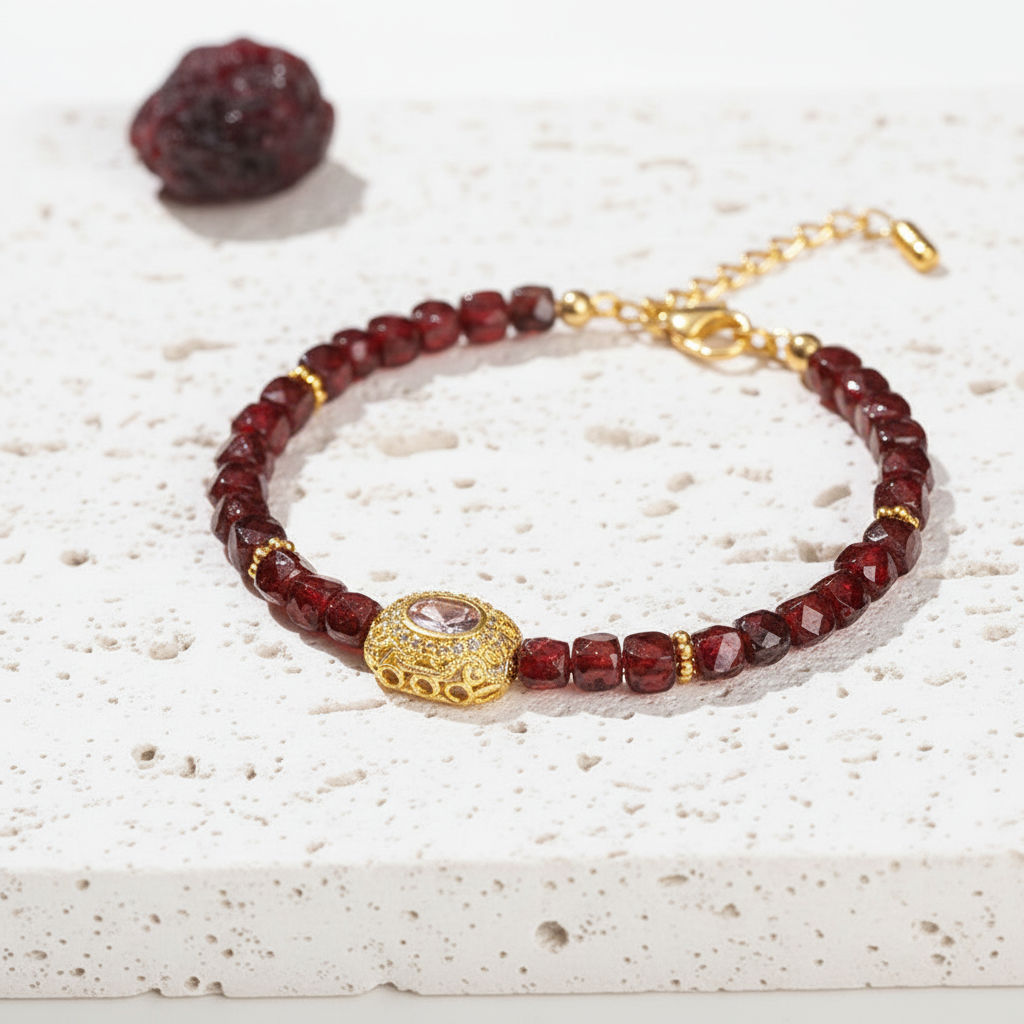 Garnet red and amethyst glass bead bracelet with gold-tone focal bead, full view