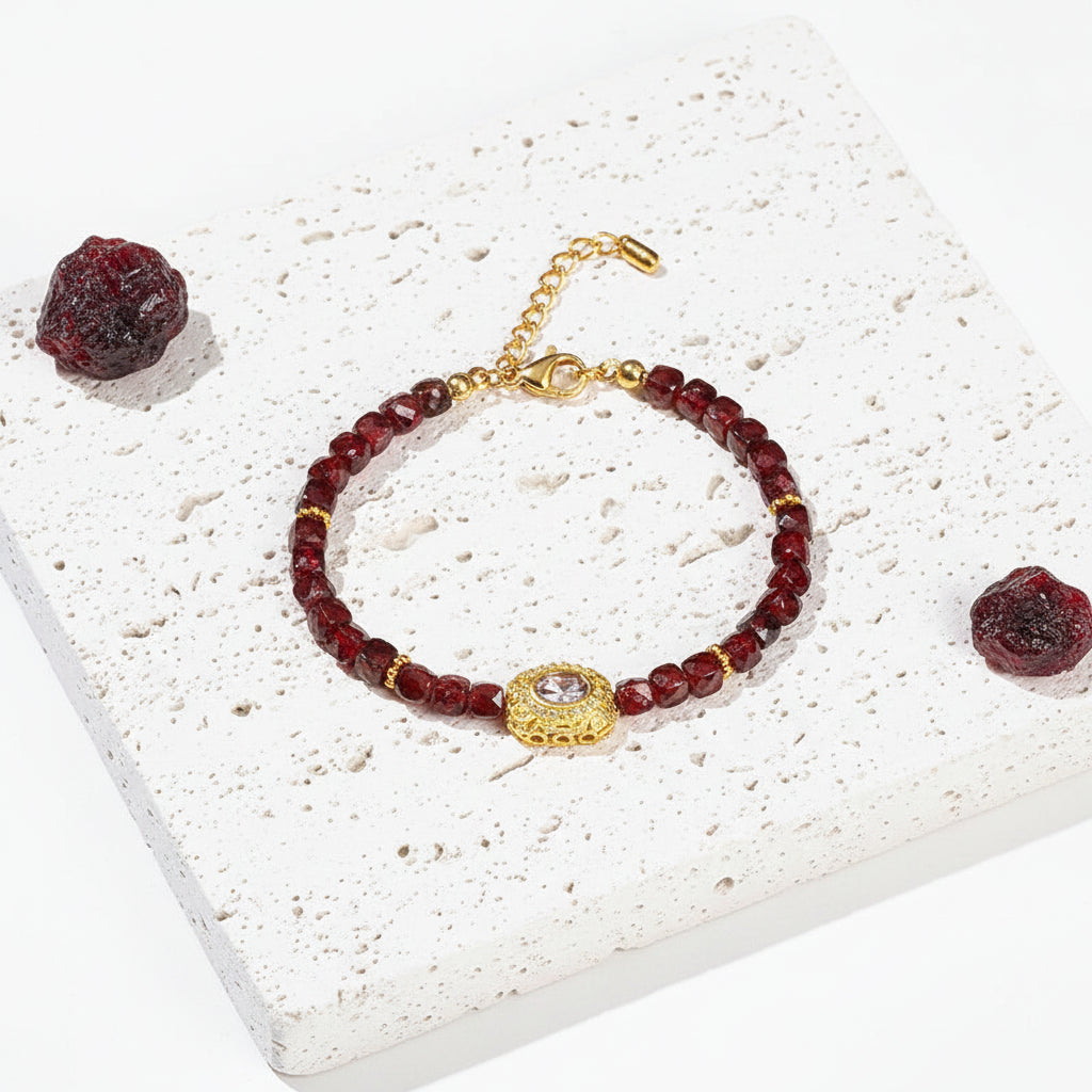 Deep red garnet bead strand bracelet, close detail — January birthstone jewelry