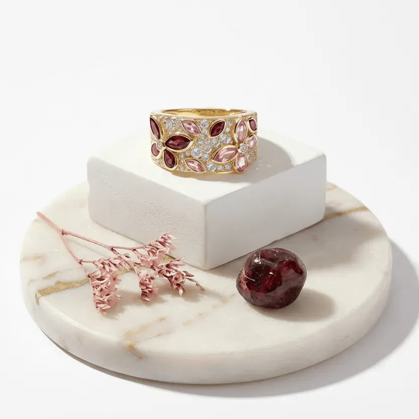 Gold ring with gemstones on a marble stand with decorative elements