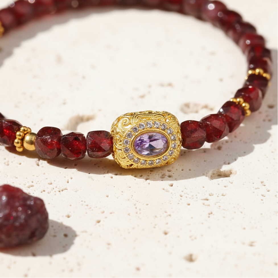 Close-up of the gold-tone focal bead and faceted garnet red glass beads