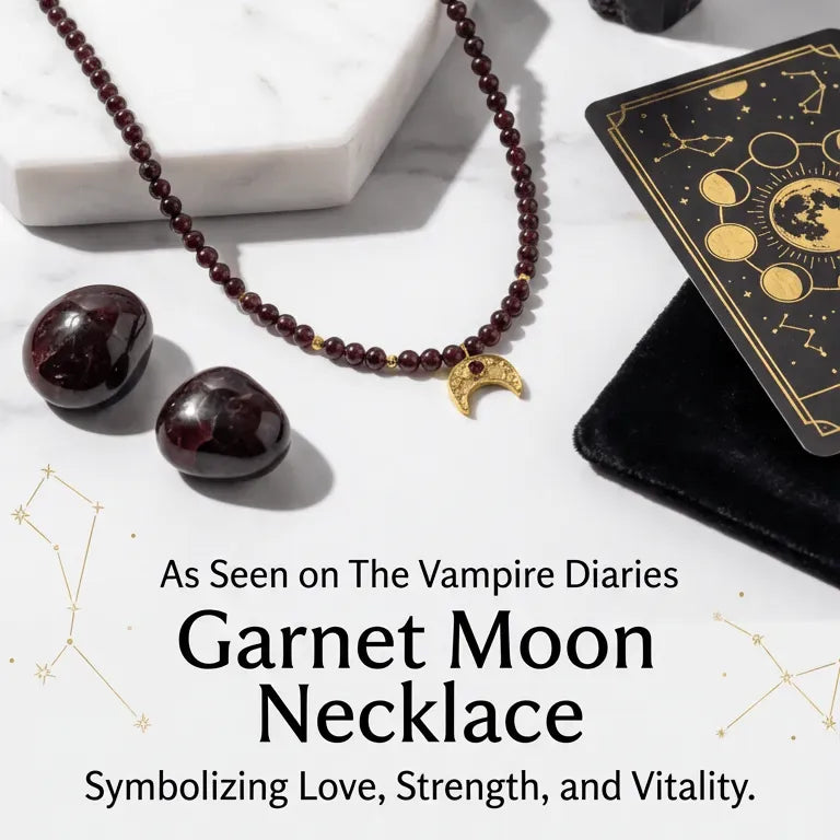 Garnet Moon Necklace with black stones and cards on a white surface, featuring Mystic Soul Jewelry branding.