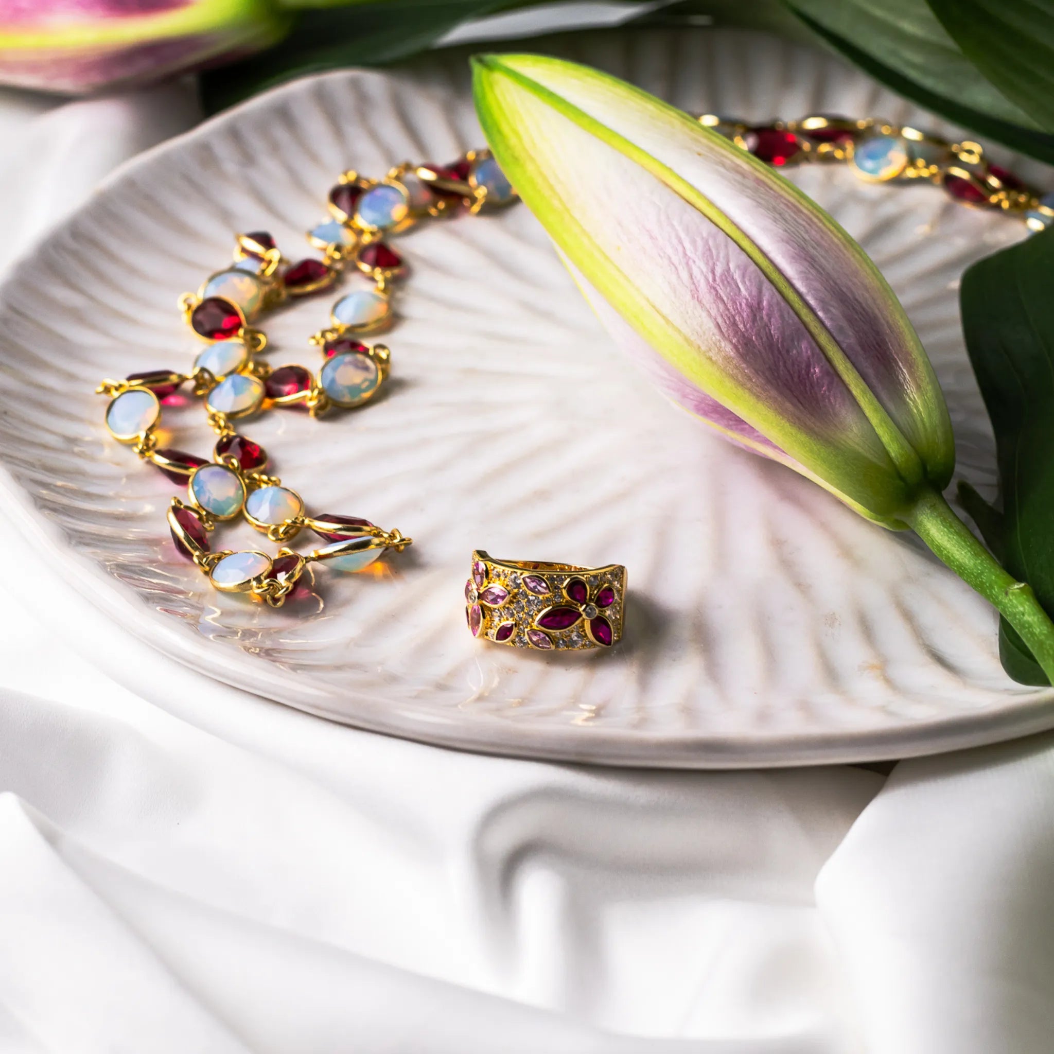 garnet butterfly ring and ruby opalite chain