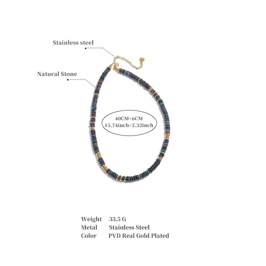 Necklace with beaded design on a white background, showing measurements and material details.