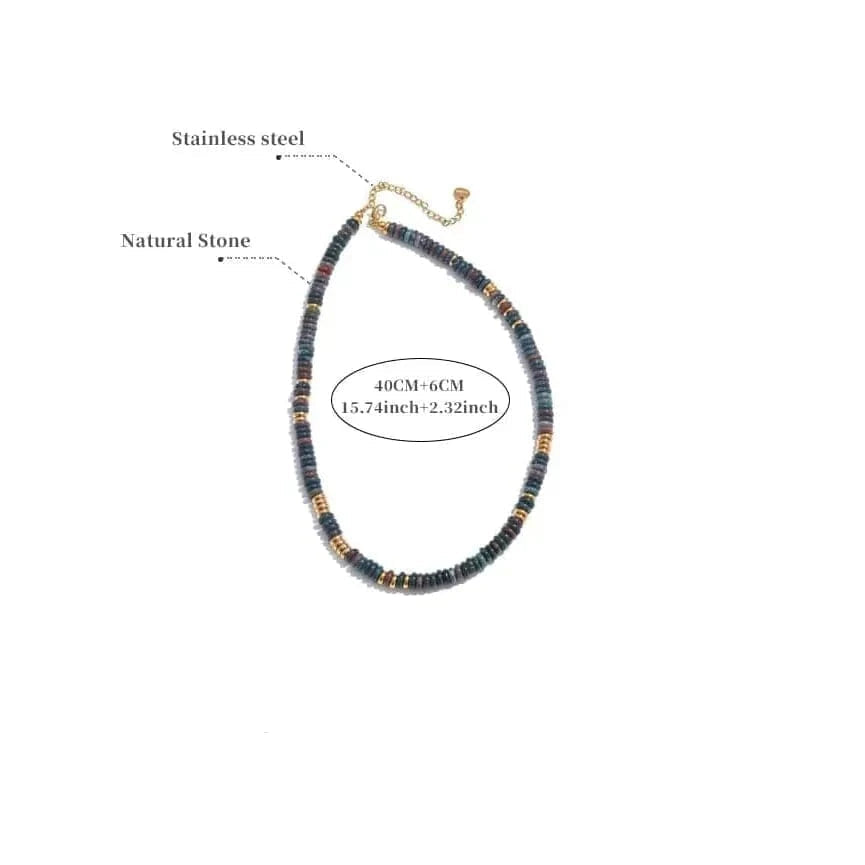 Necklace with beaded design on a white background, showing measurements and material details.