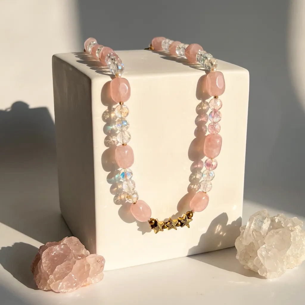 Necklace with pink beads on a white block with crystals around