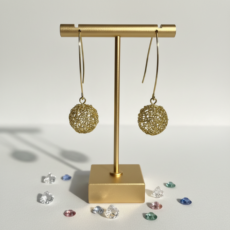 Gold plated circle Global Connection long drop earrings on a white background