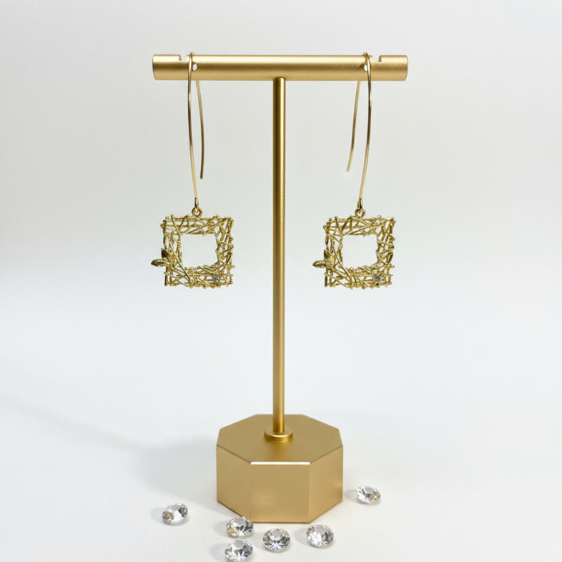 Gold plated bird cut-out square long drop earrings with small crystal accent