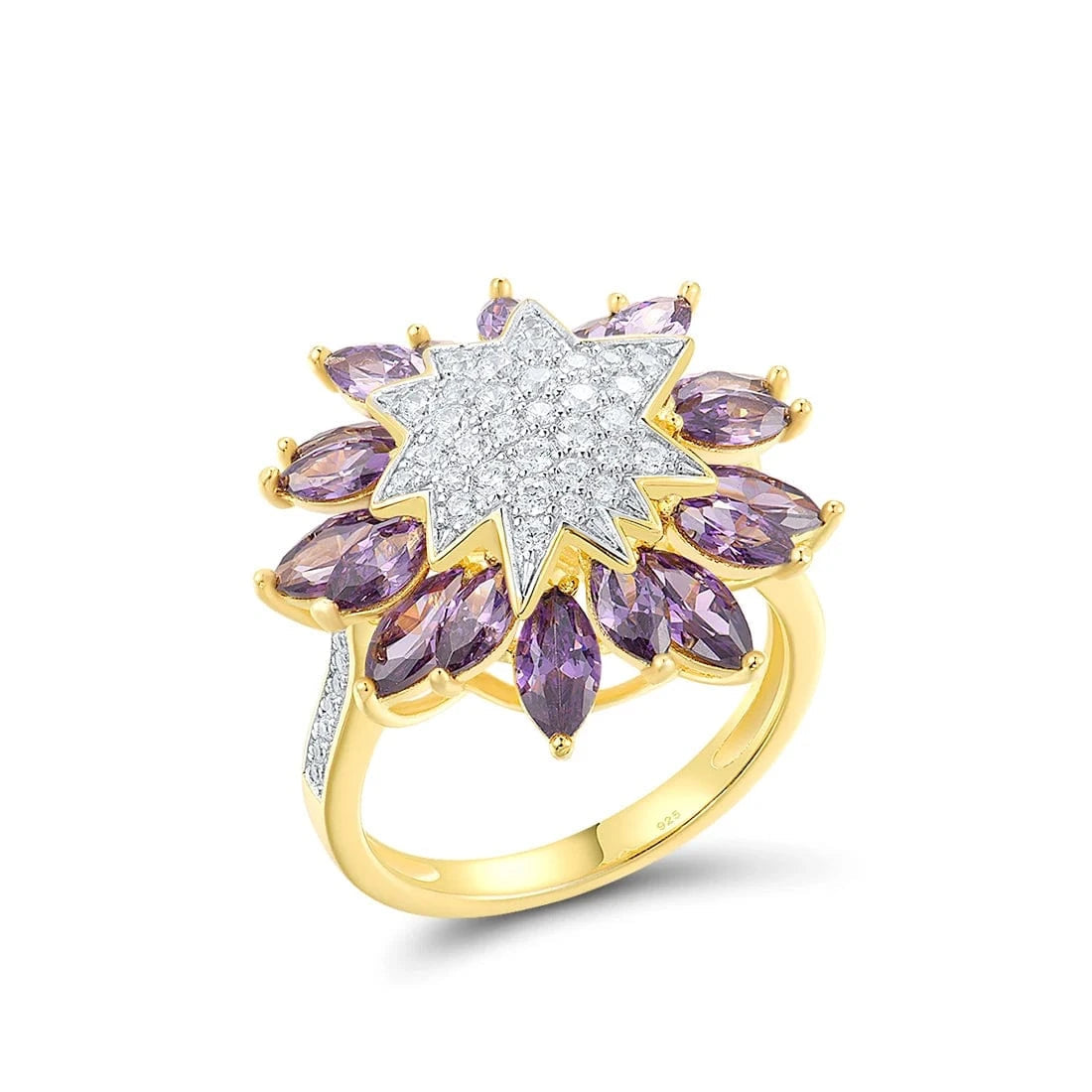 Gold ring with star-shaped diamond and purple gemstones on a white background, featuring the brand 'Santuzza'.