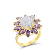 Gold ring with star-shaped diamond and purple gemstones on a white background, featuring the brand 'Santuzza'.