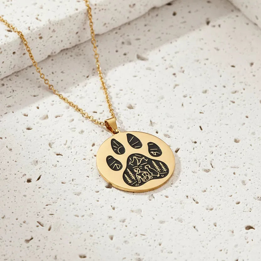 Gold necklace with a paw print pendant on a light blue box
