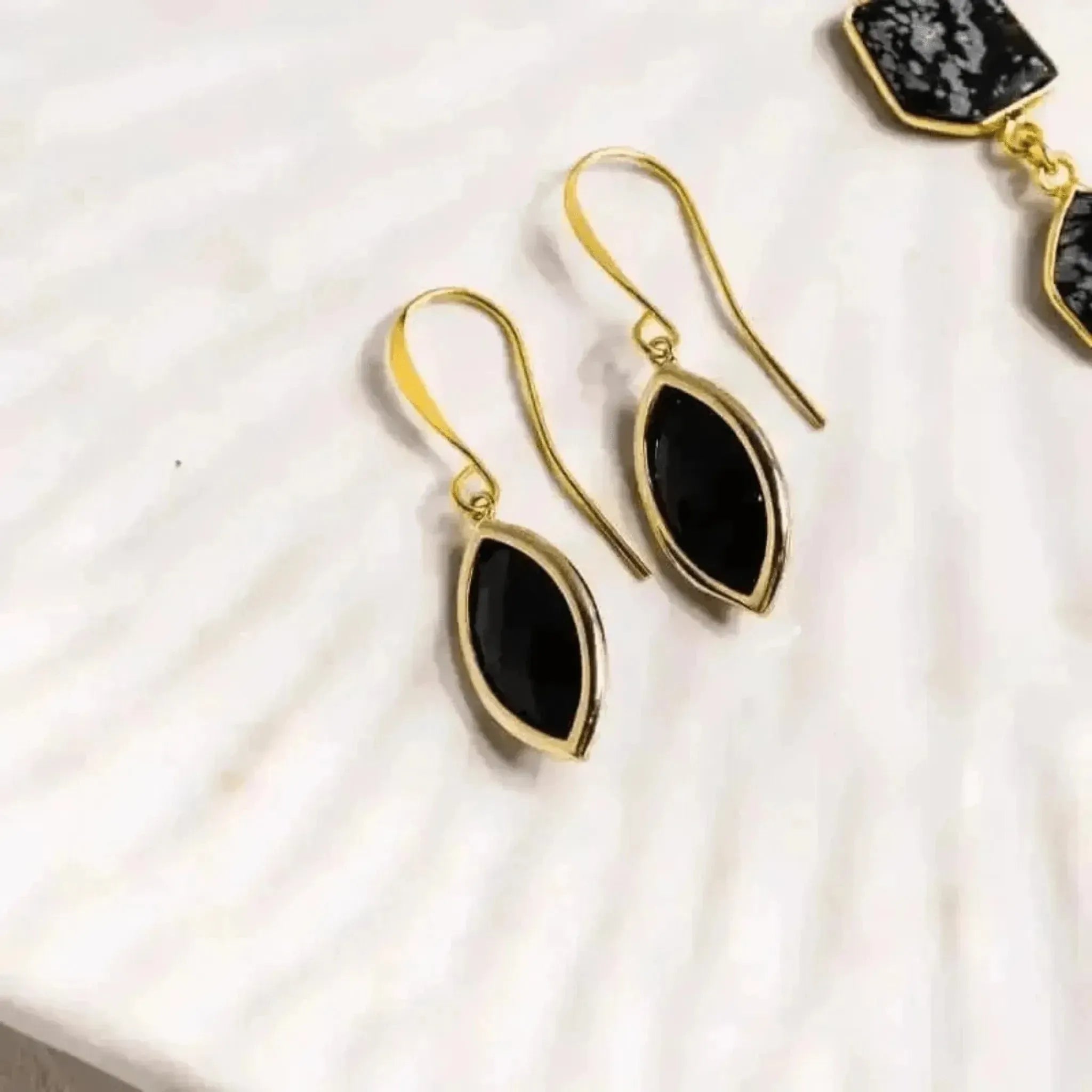 black Marquis glass drop earrings in gold — midnight teardrop dangle jewelry