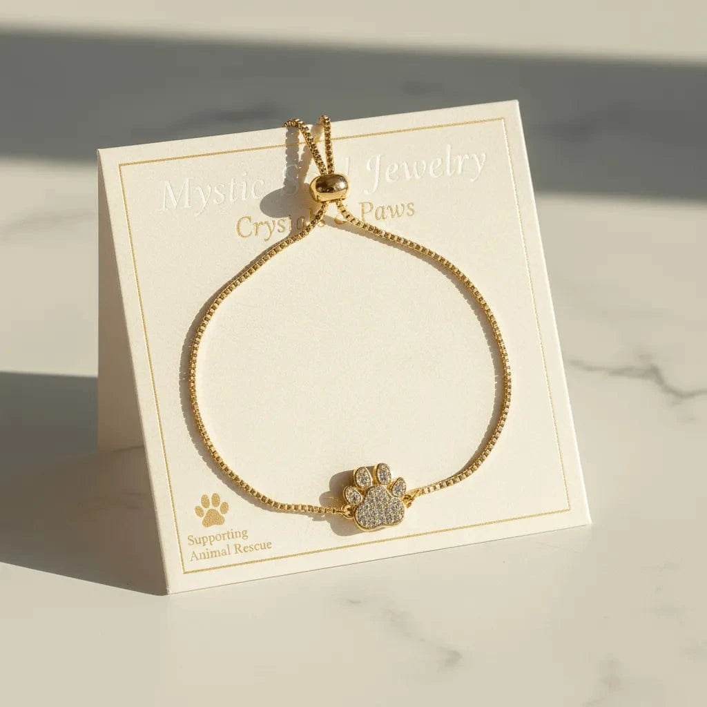 Gold bracelet with paw charm on a branded card
