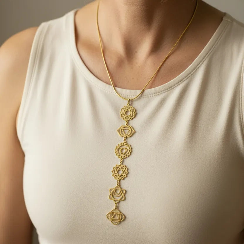 Woman wearing a gold chakra necklace with floral designs on a neutral background