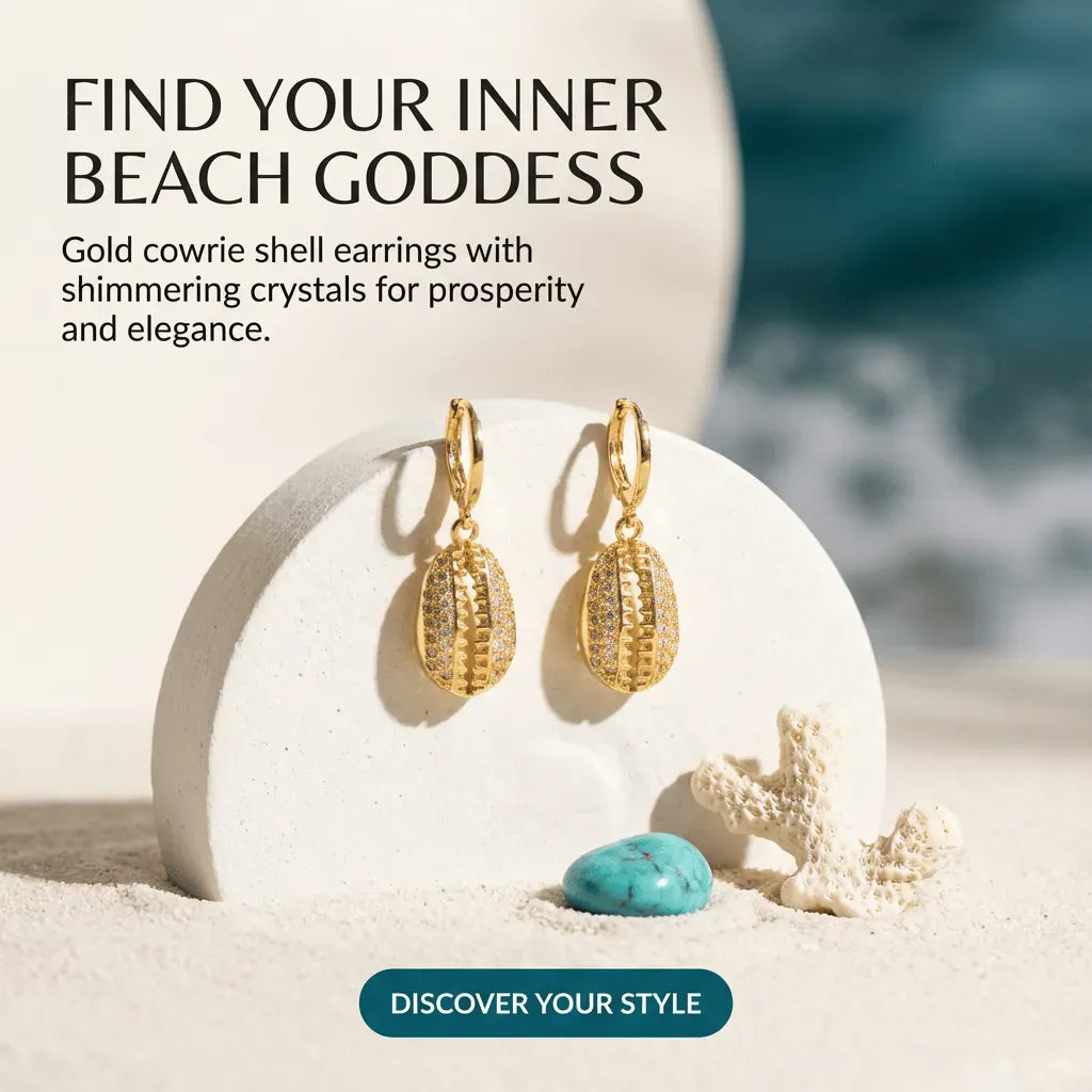 Gold cowrie shell earrings with shimmering crystals on a beach-themed background.