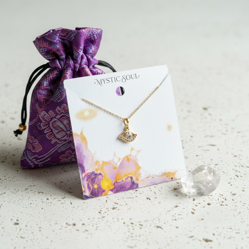 Gold plated crystal evil eye necklace on a Mystic Soul gift card with a silk pouch