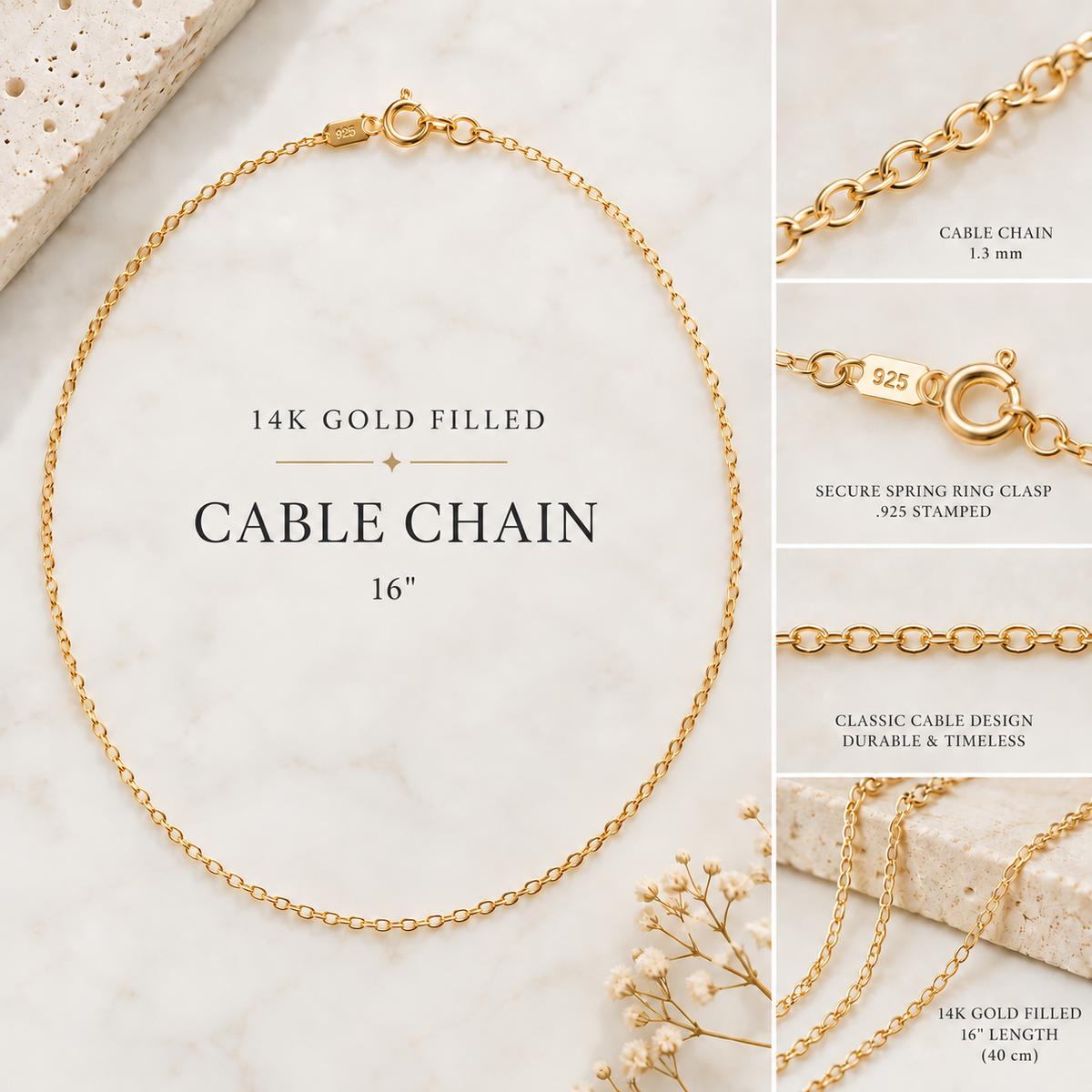 Gold filled cable chain, 16 inch — chain only for pendants