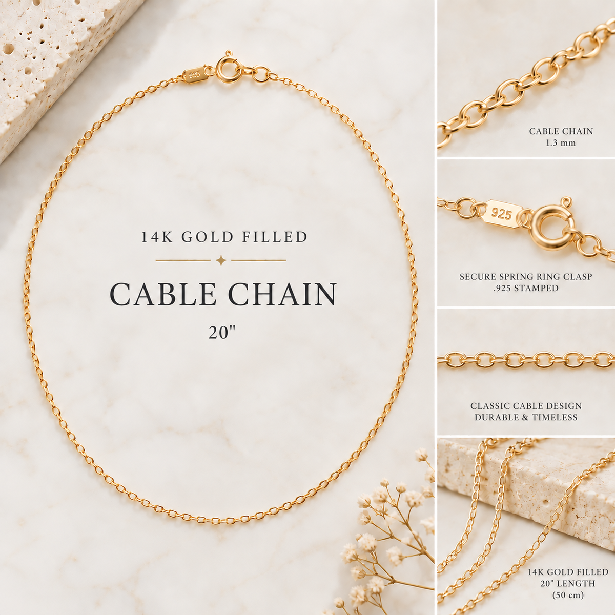 Gold filled cable chain, 20 inch — chain only for pendants
