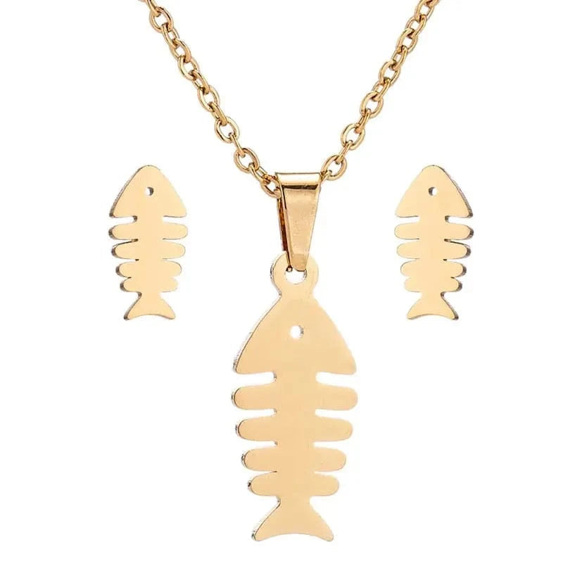Gold fish bone necklace and earrings on a white background