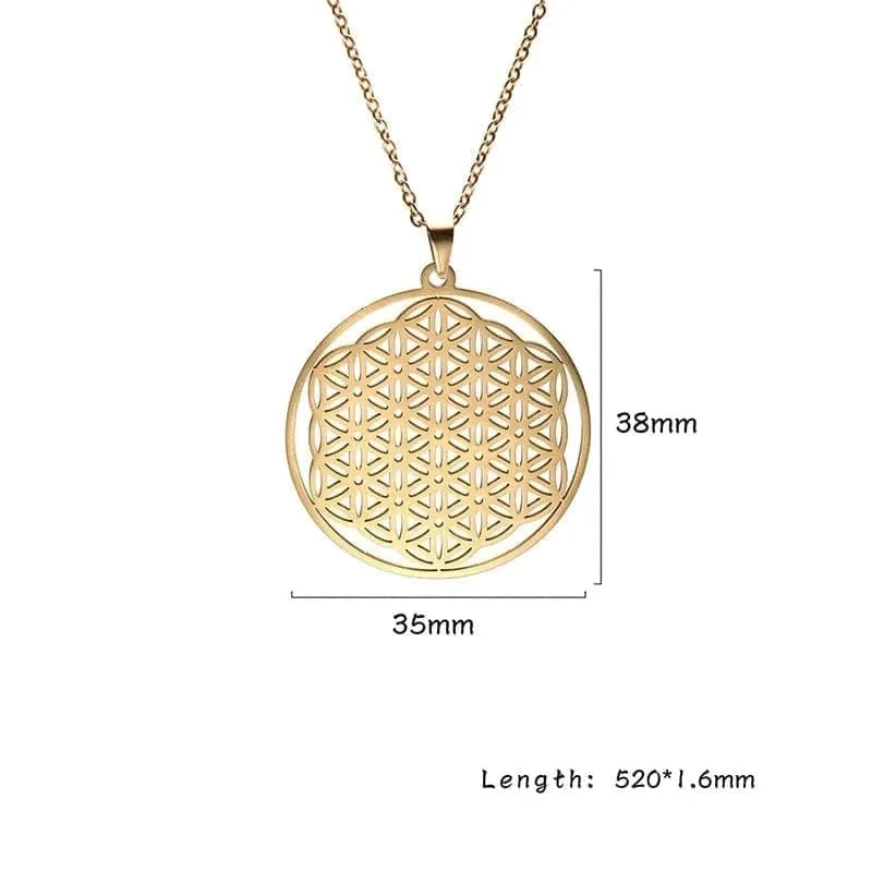 Gold necklace with a geometric pendant and measurements on a white background