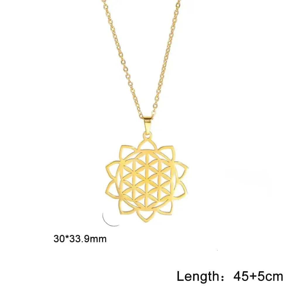 Gold necklace with a geometric pendant on a white background