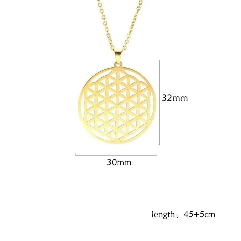 Gold necklace with a geometric pendant on a white background
